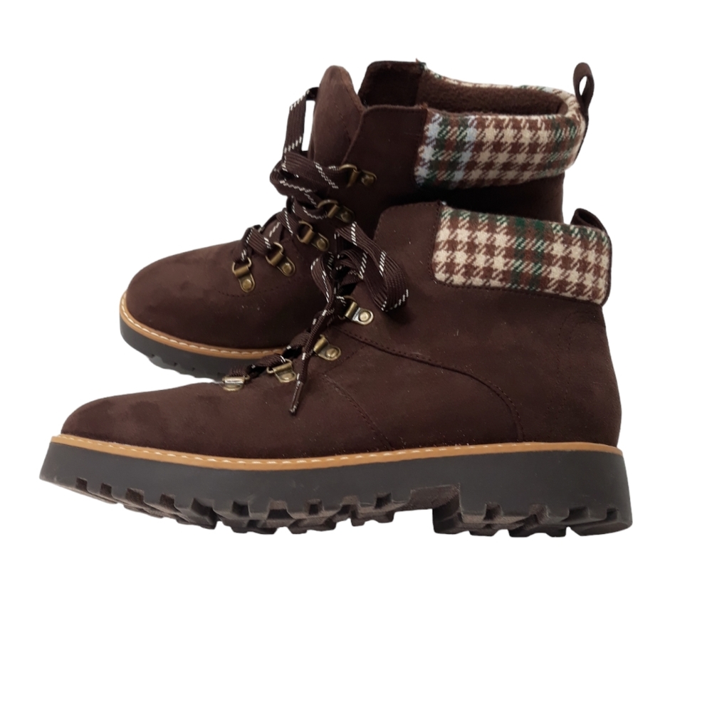 NWOT Sonoma Women's 9M Tigerfish Brown Boots Plaid Top Trim